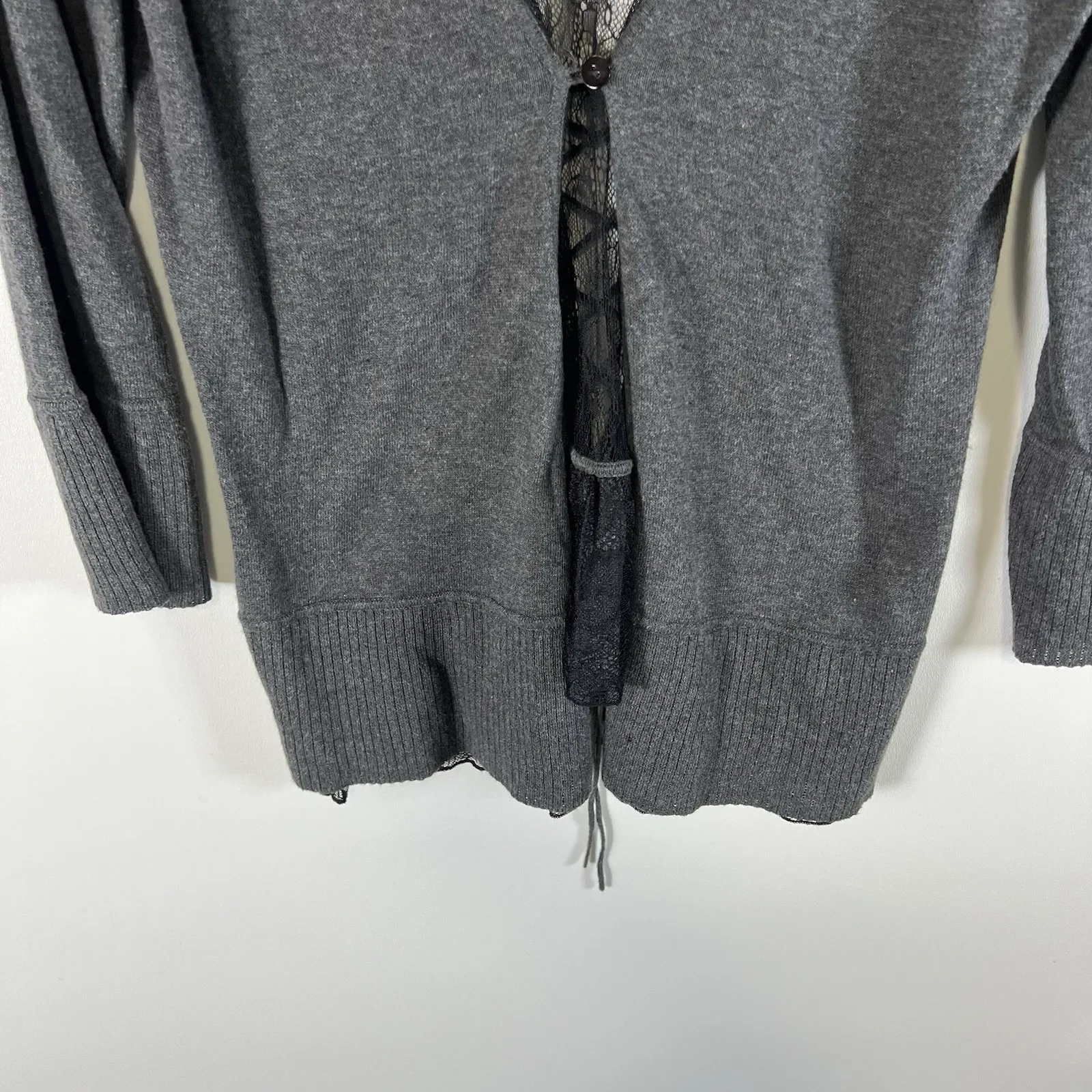 Margaret O'Leary‎ Sz M grey cashmere & silk blend 3/4 sleeve Henley sweater Lace - Image 3