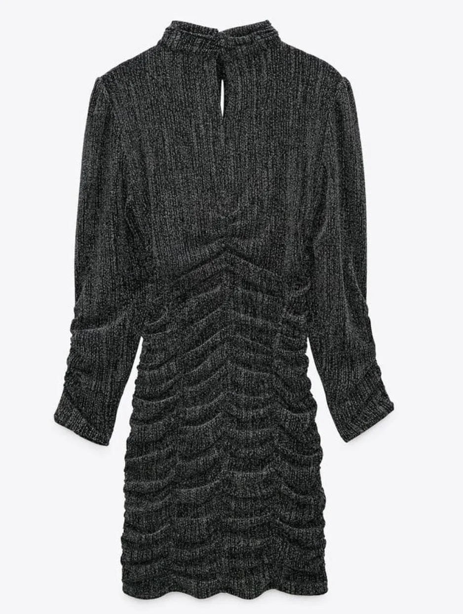 NWT  Silver Metallic Thread Ruched Dress - Image 3