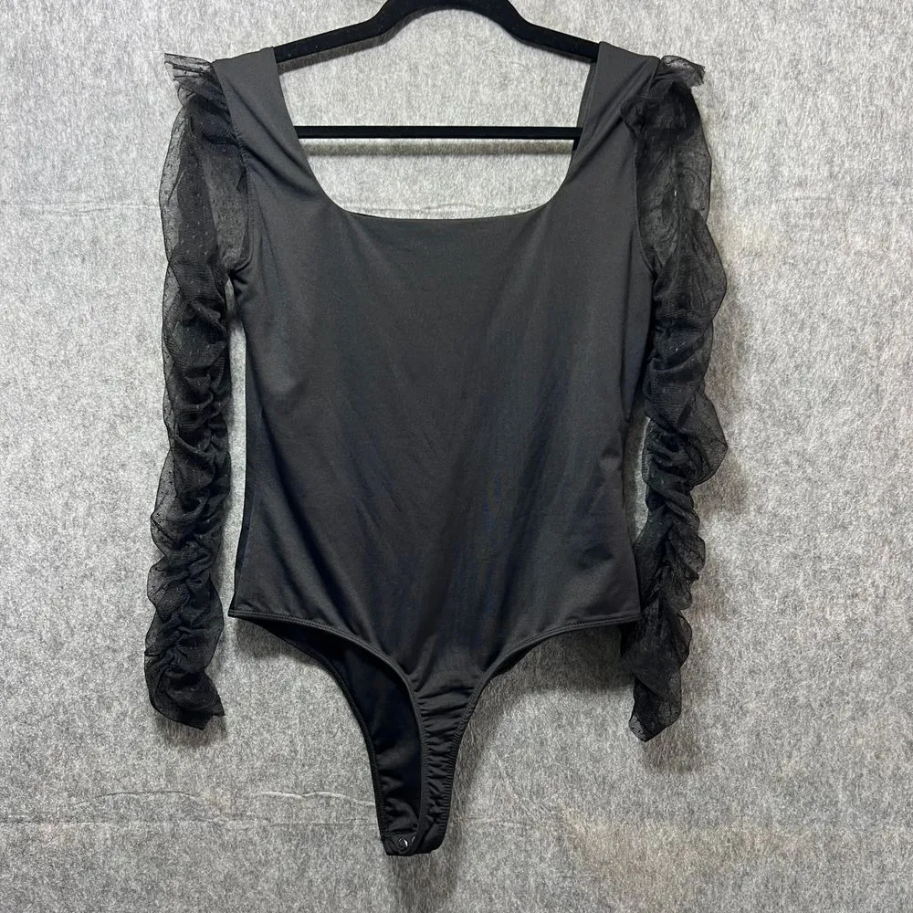 SO Black Bodysuit Square Neck Mesh Ruffle Long Sleeve Top L‎ - Image 6
