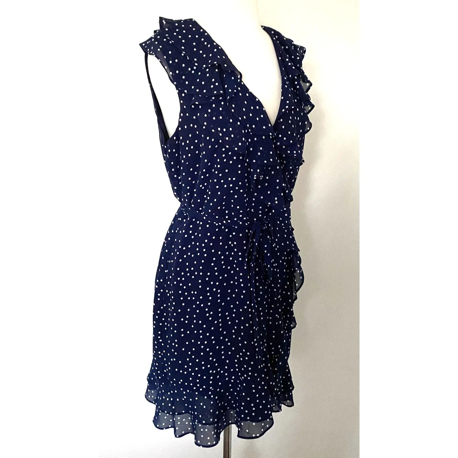 Bardot Polka Dot Faux Wrap Mini Dress Ruffle Tie Waist Back Zip Blue White 10(L) - Image 7
