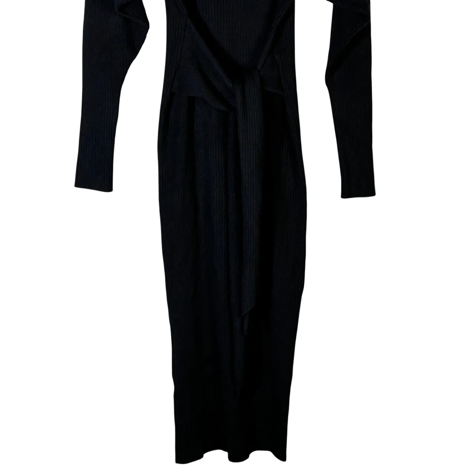 Good American Ribbed Knit Belted Midi Dress Womens S/M Black Bodycon V-Neck Long - Image 4