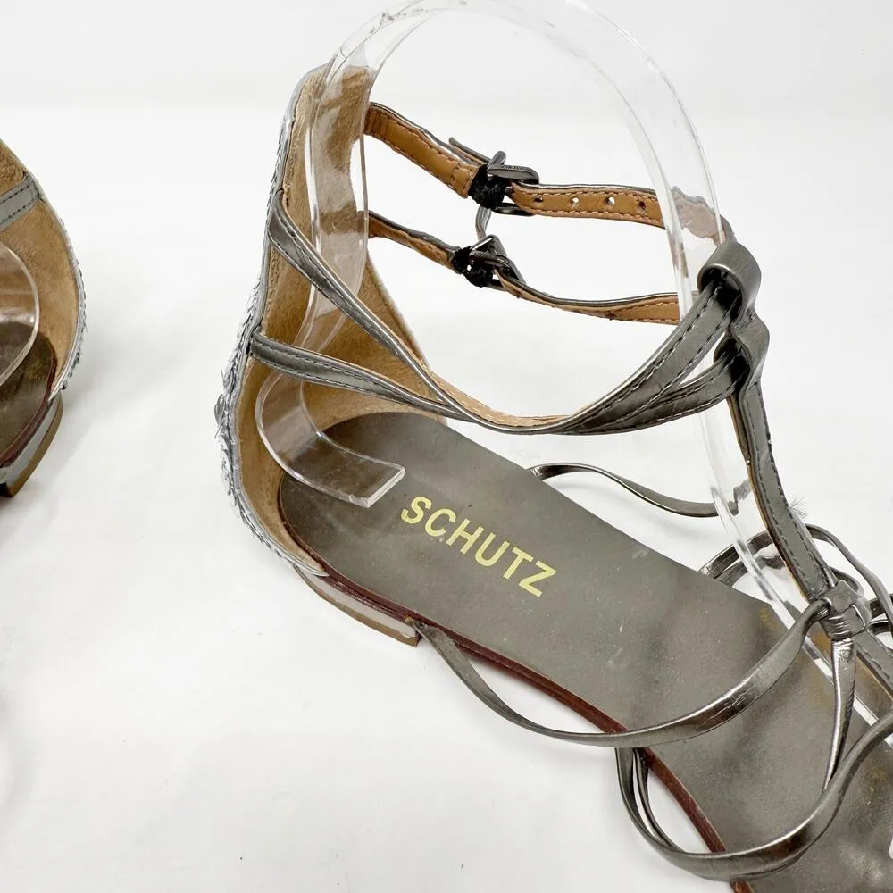 [Schutz] Metallic Silver Leather Sequined Back Strappy Gladiator Sandals Size 9 - Image 10