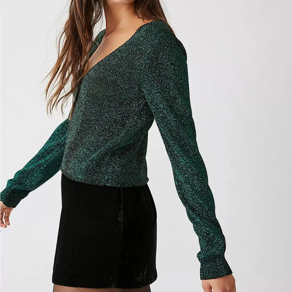 FREE PEOPLE Emmaline Metallic Green Cardigan Long Sleeve‎ Goth Dark Romantic XS - Image 11