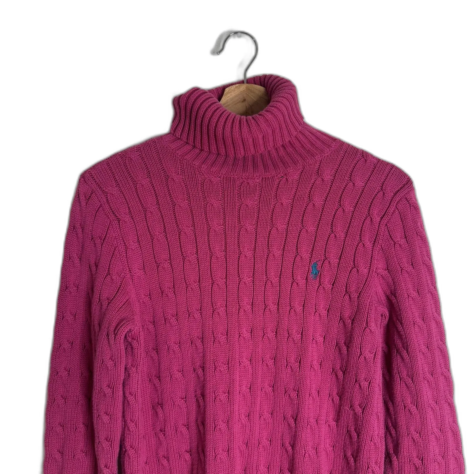 Ralph Lauren Sport Sweater Womens Large Pink Cable Knit Turtleneck Pony y2k - Image 3