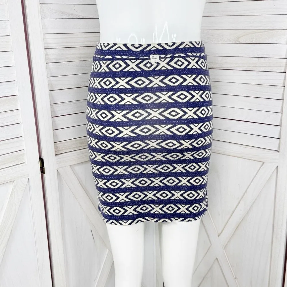 Billabong Tribal Geometric Print Stretchy Knit Mini Skirt Blue White Small - Image 4