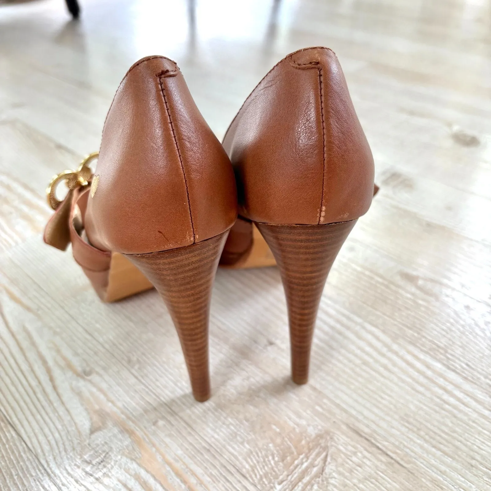 Love Moschino Leather Peep Toe Stacked‎ Heel Mary Jane Pumps | Brown 39 - Image 8