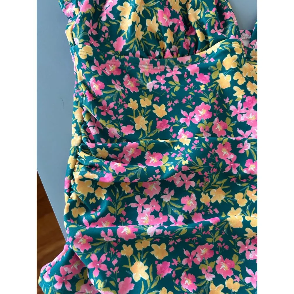 Kona Sol swim suit womens siz L flower print one piece ruffles - Image 3