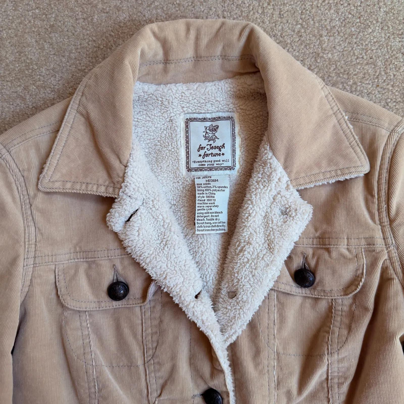 Cream Corduroy Fuzzy Lined Jacket Juniors Medium Womens Small Tan - Image 5