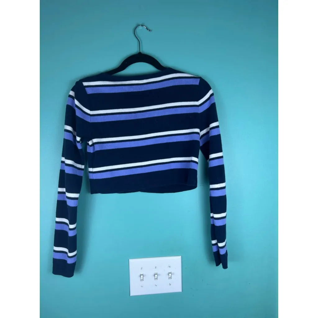 John Galt Striped Button Front Cropped Sweater — Navy Blue Purple White — One Si - Image 6
