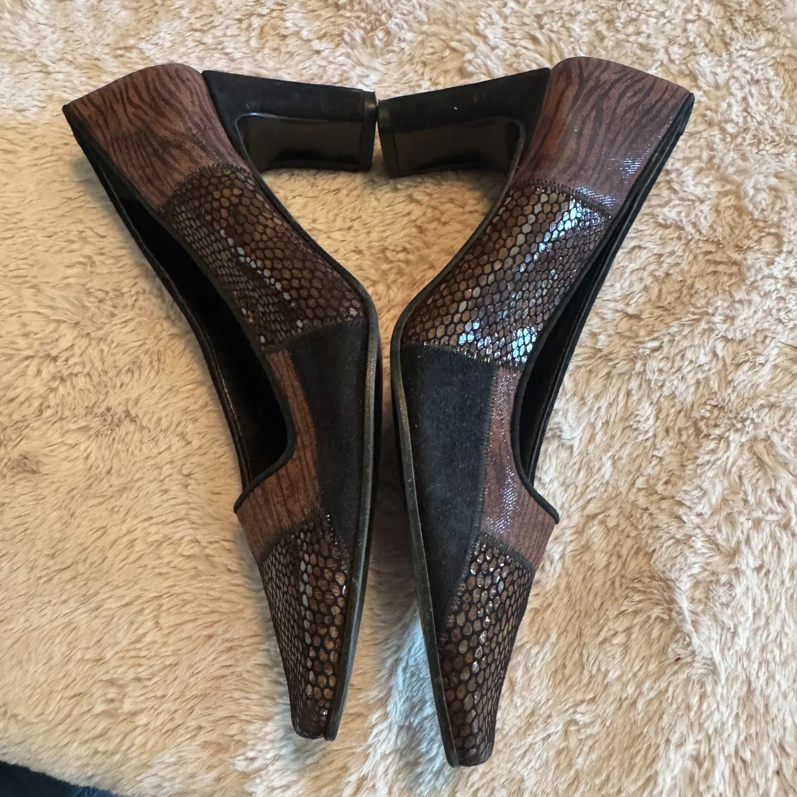 Proxy Women's sz 7 Heels Pumps Made In Spain Brown leather snakeskin square toe - Image 7