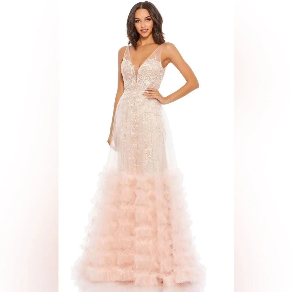 $998 Mac Duggal 11183 Lace Ruffle Tiered Plunge Neck Gown Dress Peach 4 - Image 3