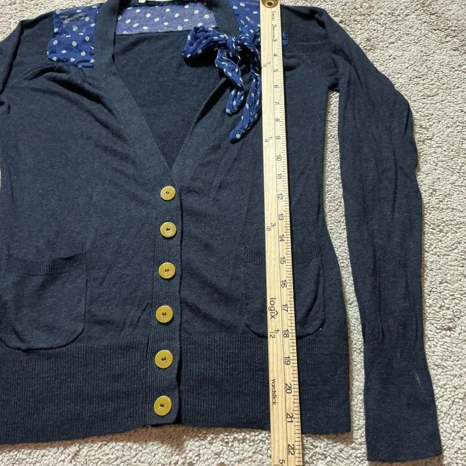 Sparrow Navy Blue Silk Polka Dot Bow Collar Cardigan Sweater Women's Preppy - Image 3