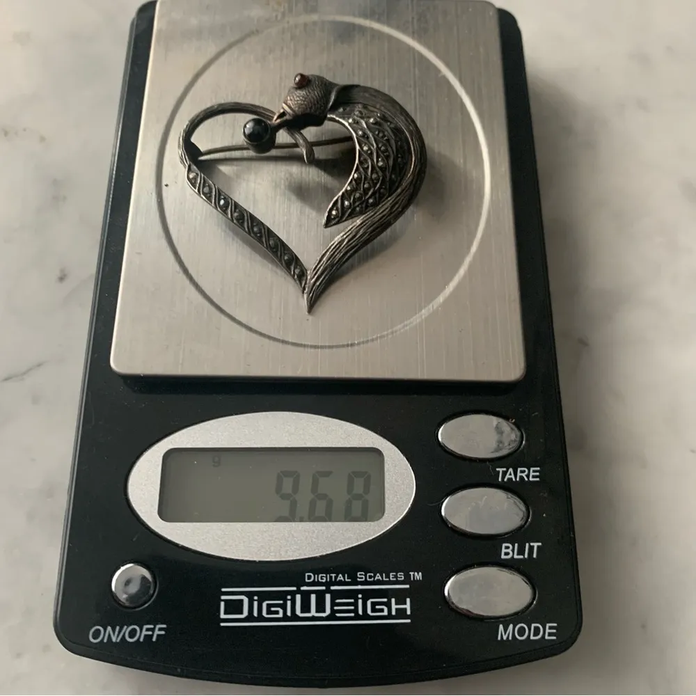 VTG Gothic Revival Sterling Silver Heart Folded Bird Brooch Marcasite - Image 7