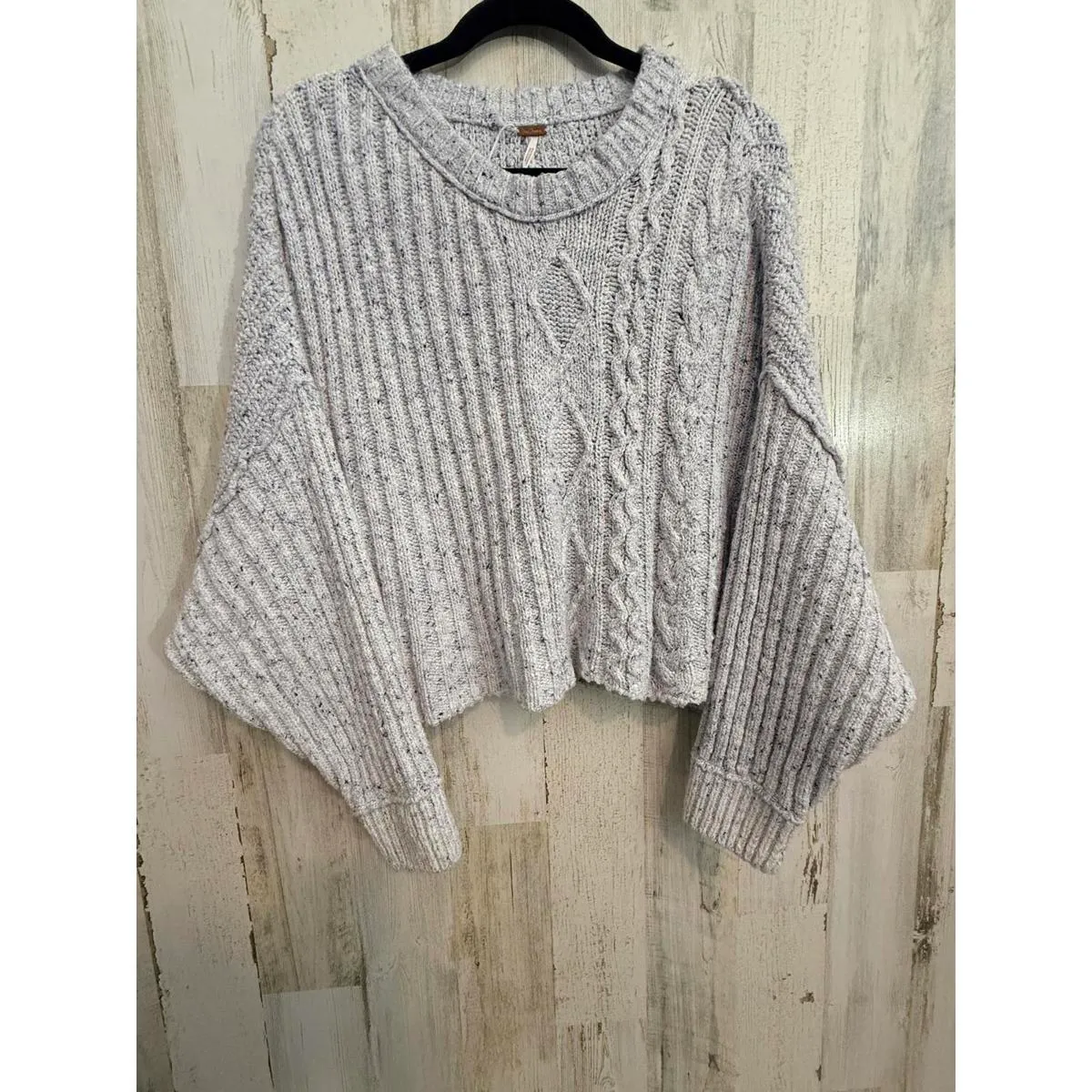 SOLD Free People Large Cable Knit Crop Sweater Oversized Gray Cotton Blend Boh - Image 2