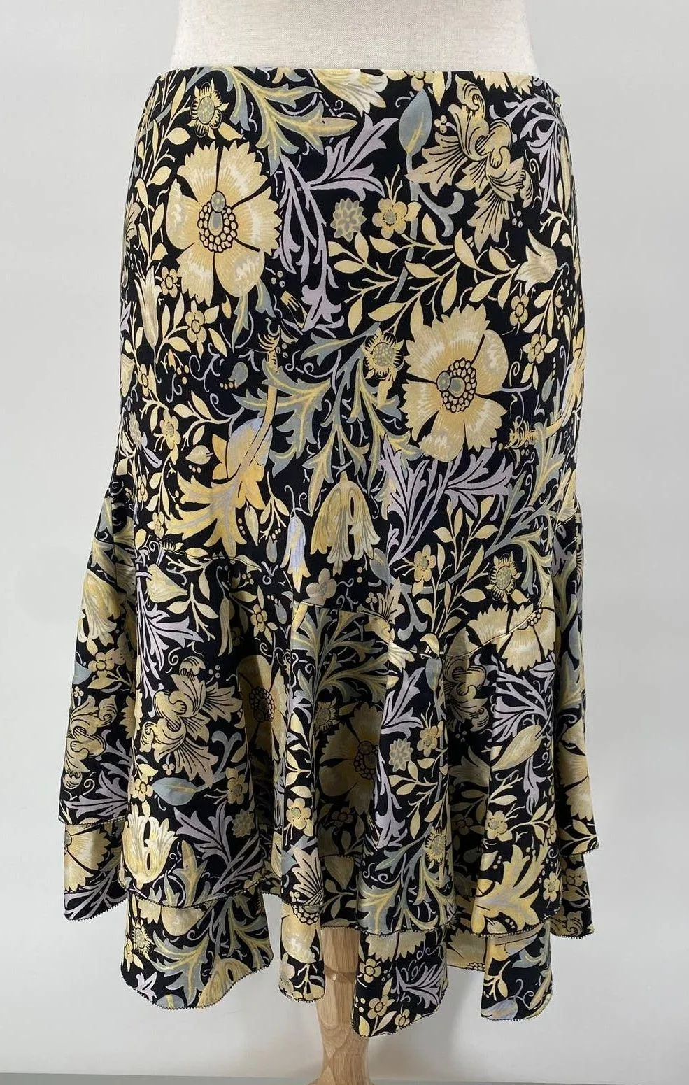 Vintage Y2k Silk Skirt Floral Patterns Hidden Side Zipper Trumpet Midi Womens 8P Yellow Size 8 - Image 1