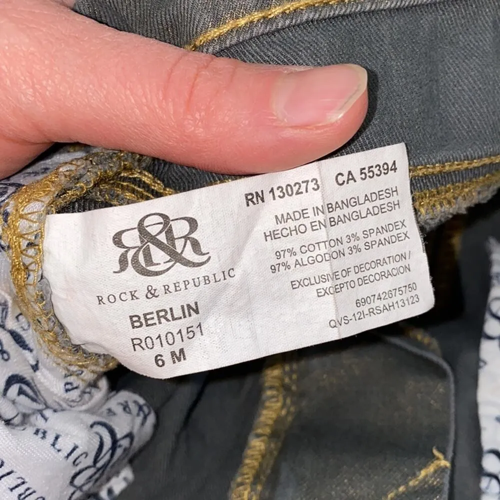 Rock & Republic New Money Berlin Skinny Denim Jeans EUC Sz 6 Gray Gold Cotton - Image 6