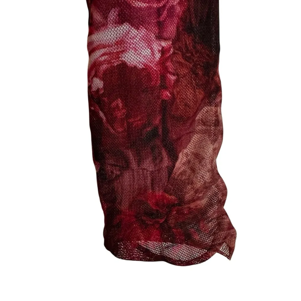 Womens Floral Nylon Mesh Crop Top Long Sleeve Y2K Festival Boho Grunge Size S Red - Image 4