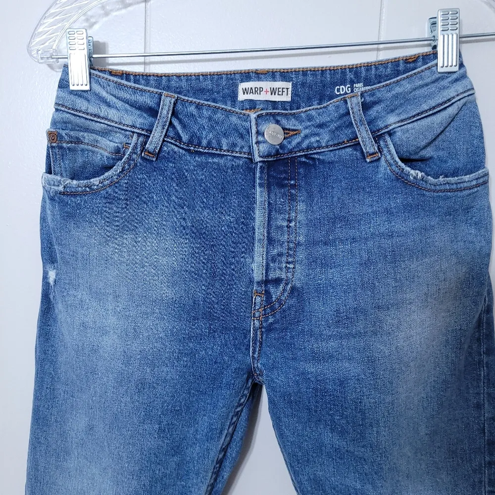 Warp + Weft Jeans Distressed Button Fly CDG Paris Cigarette Size 25x26 Blue - Image 2