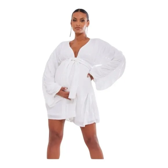 Maternity White Sequin Wrap Robe Dress Mini Blouson Sleeves Sparkle Party sz 12‎ - Image 2