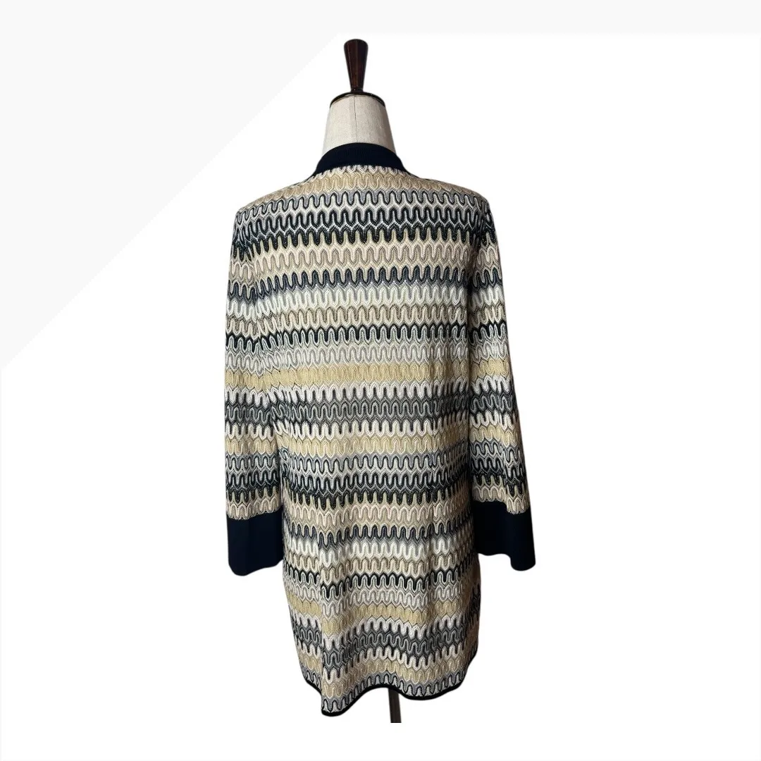 Misook Sweater Women XS Black Tan Knit Geometric Sparkle Open Long Line Cardigan - Image 2