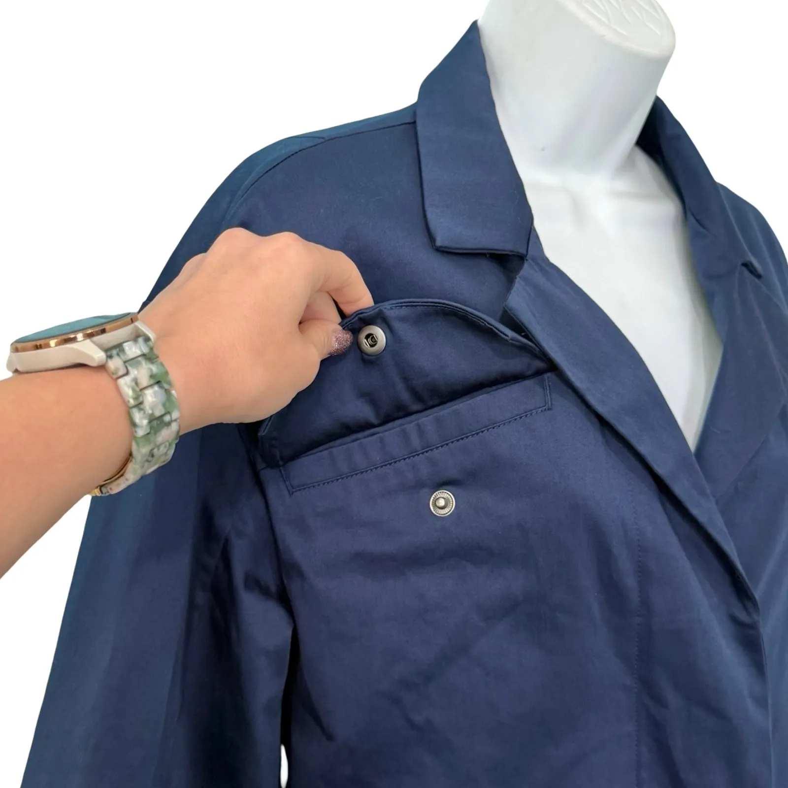 Away Navy Blue Travel Friendly Utility Jacket Trench Coat Notched Lapel size L Size L - Image 11