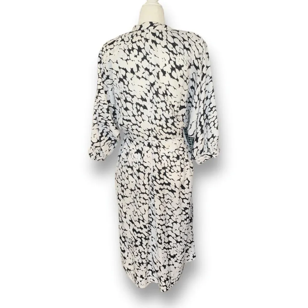 Vintage 80s Shirt Dress Black White Abstract Art Midi Dolman Sleeve Secretary Size 6 - Image 4