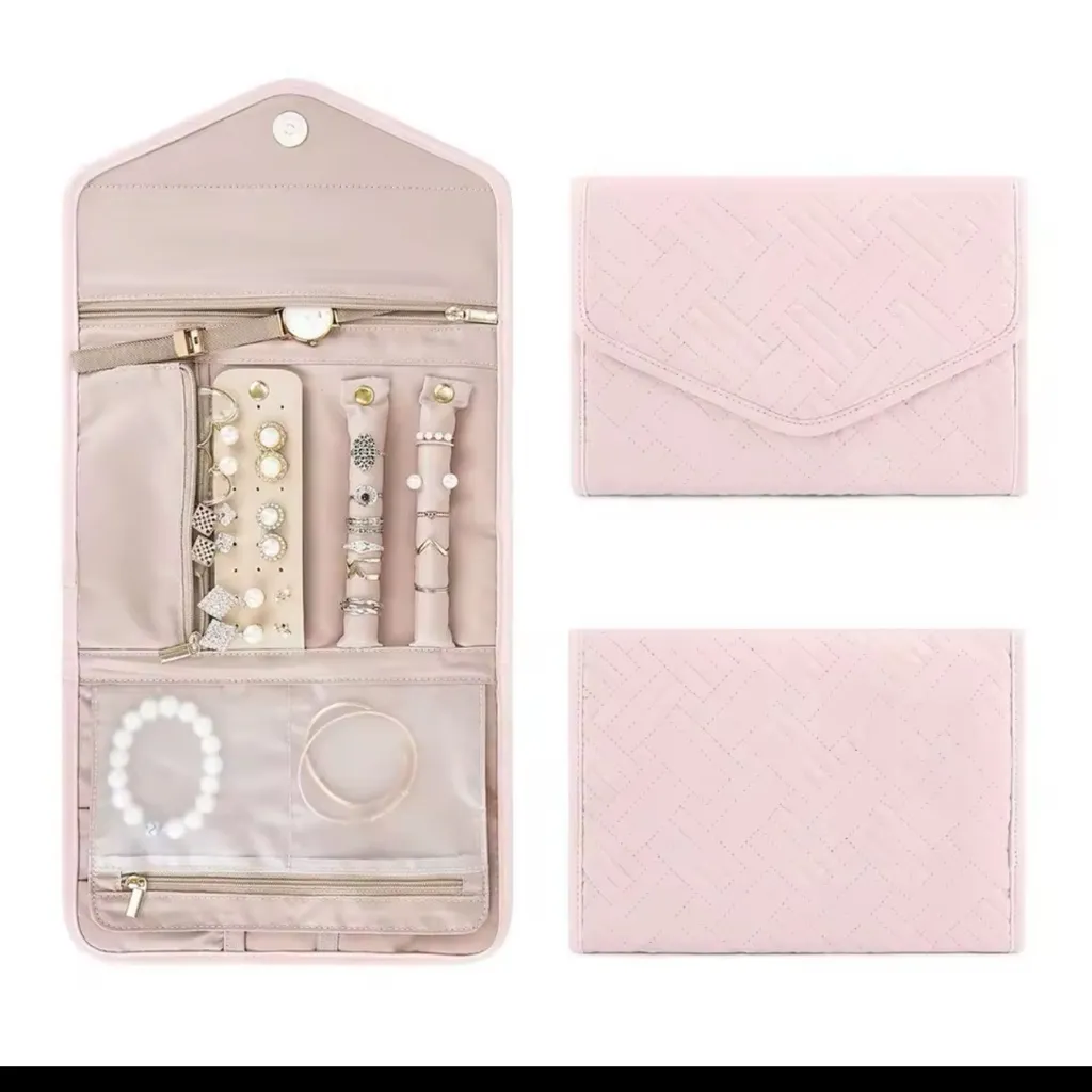 Travel Portable Jewelry Organizer Roll Foldable Pink - Image 4