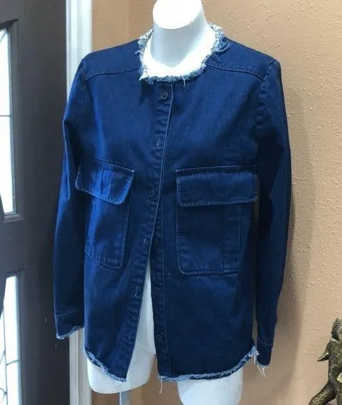 zara trafaluc denim frayed collareless jacket - Image 4