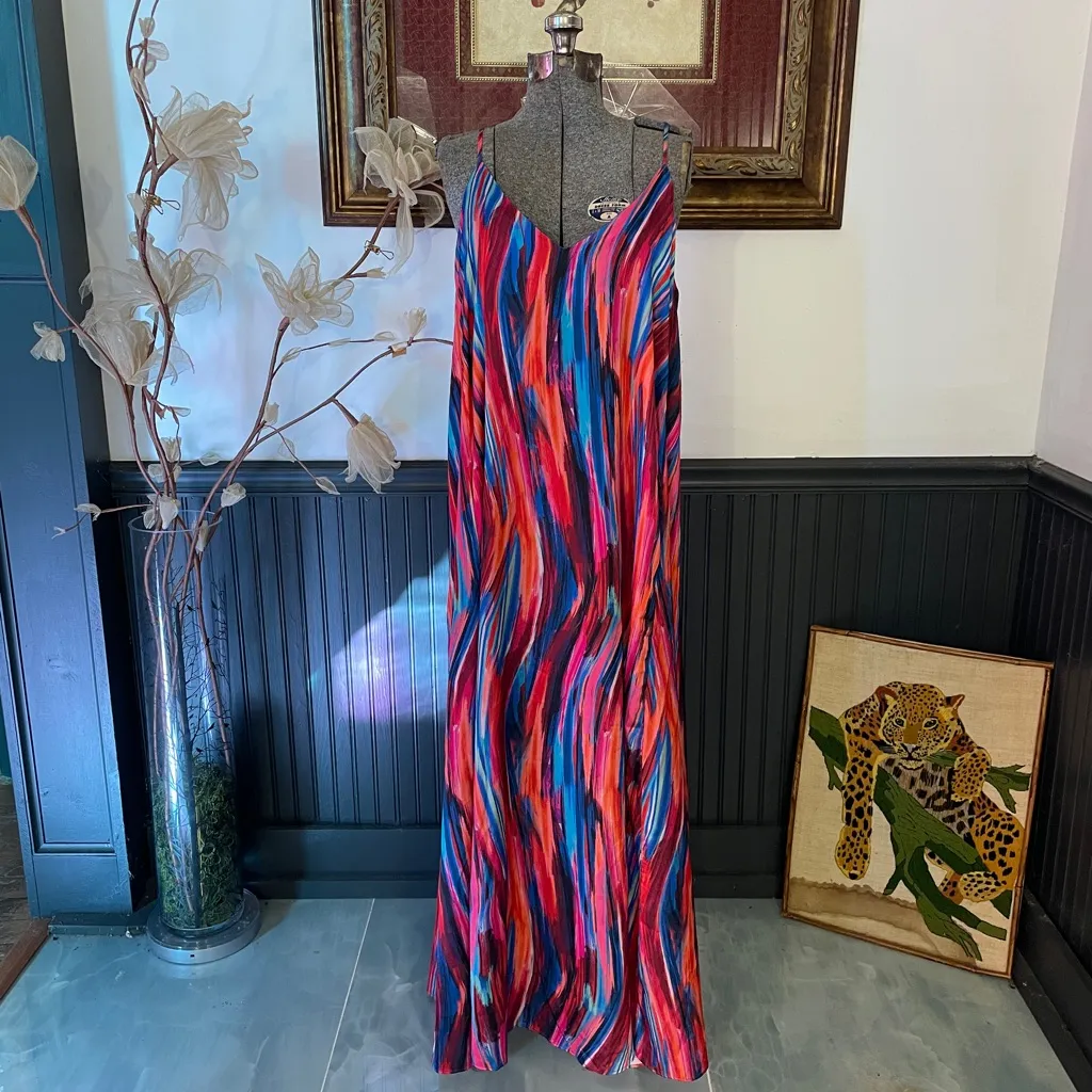 Nicole Miller Rainbow Abstract Watercolor Satin Maxi Dress w Bra - Sz L 💚🎀 - Image 3