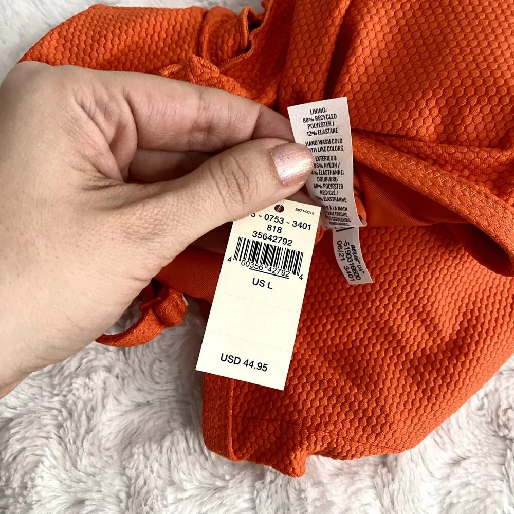 NEW Aerie Orange Textured Longline Scoop Ruffle Swimsuit Bikini Top L - Image 3