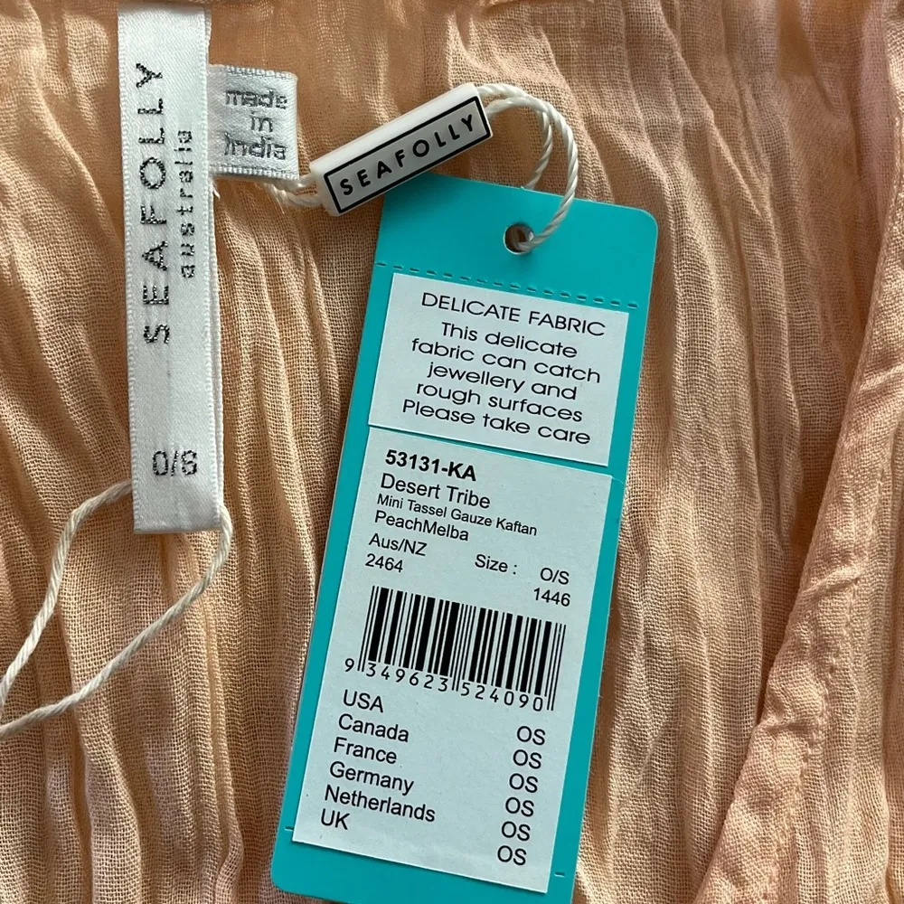 NEW Seafolly Tasseled embroidered kaftan Coverup OSFM Peach - Image 5