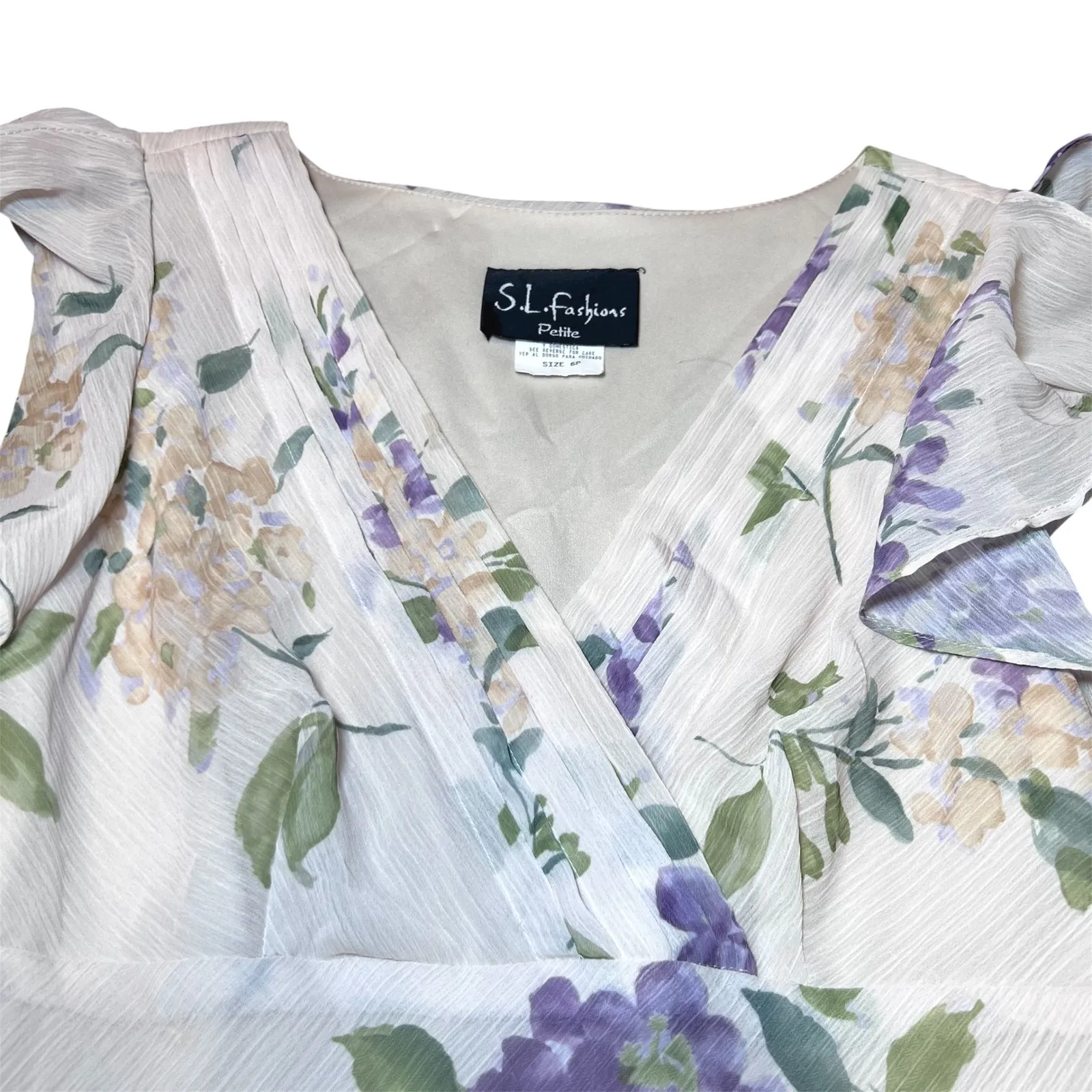 SL Fashions Vintage Y2K Dress Womens 6P Petites Ivory Floral Flutter Sleeve Boho Purple - Image 4