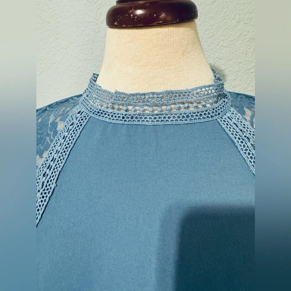 SHEIN‎ Women Blue Relaxed Fit and Flare High Neck Short Sleeves Dress Size M - Image 5