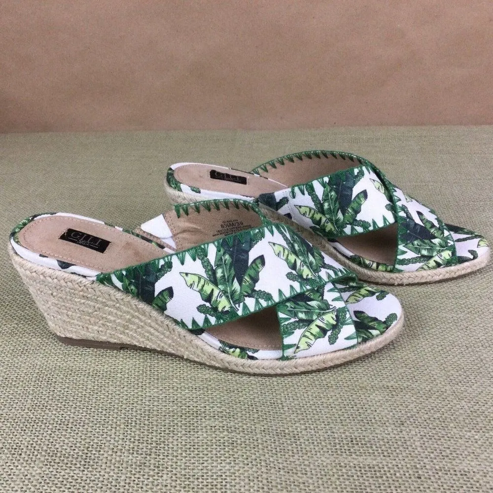 G.I.L.I. Palm Leaves Slide On Wedge Sandals. Size: 8.5 White - Image 6