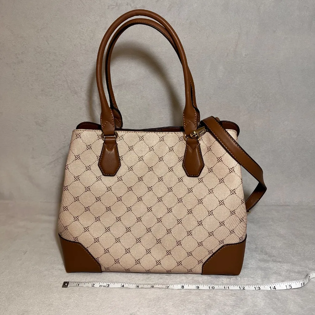 Nine West Women's Brooklyn Jet Set Carryall Beige Brown Satchel Crossbody Bag - Image 9