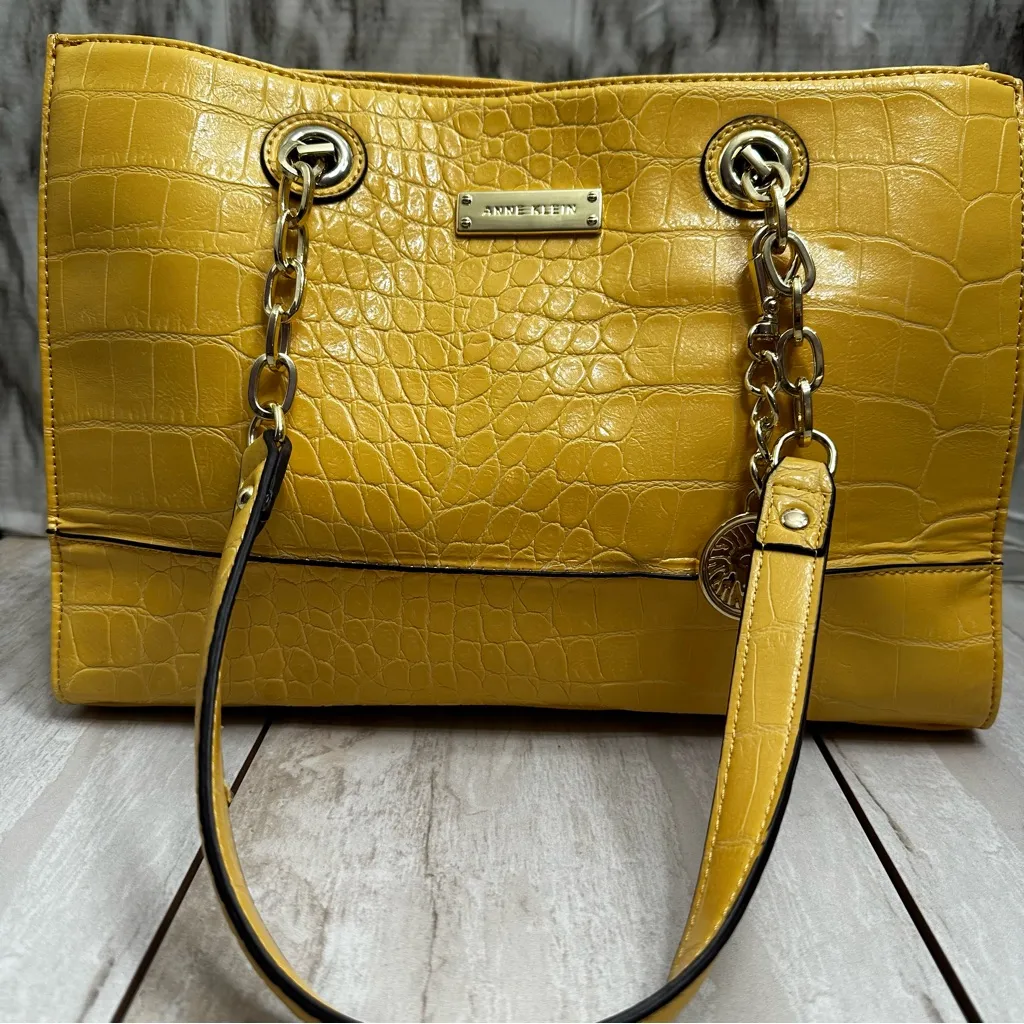 Anne Klein Vibrant Yellow Croc-Embossed Tote Gold Hardware Chain Handle Vibrant - Image 13