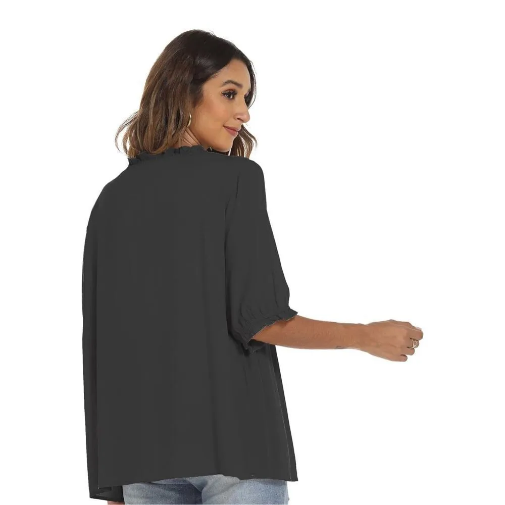 NEW Embroidered Rayon Tops Blouse Casual Embroidery Shirt XL Black - Image 6