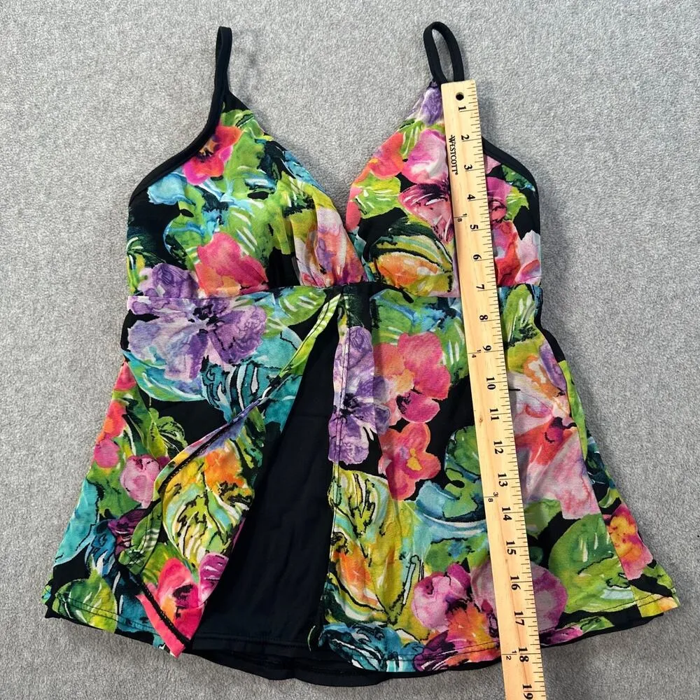 Caribbean Joe Floral Tankini Swim Top Women's 10 V-Neck Split Front Flattering - Image 6