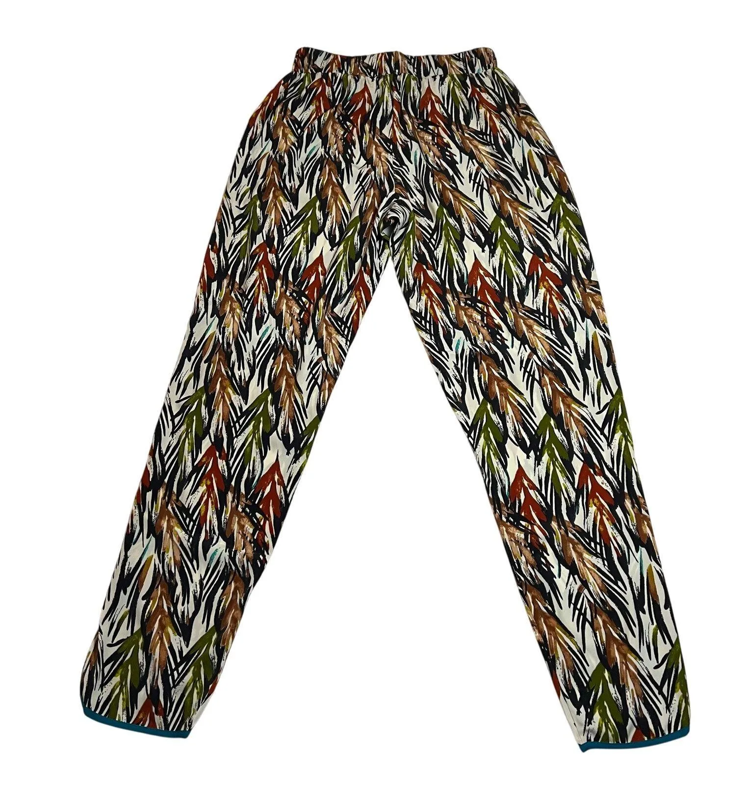 Women's High Rise Leaf Print Pull On Pants Size XXS Colorful Boho Hippie Festival White - Image 2