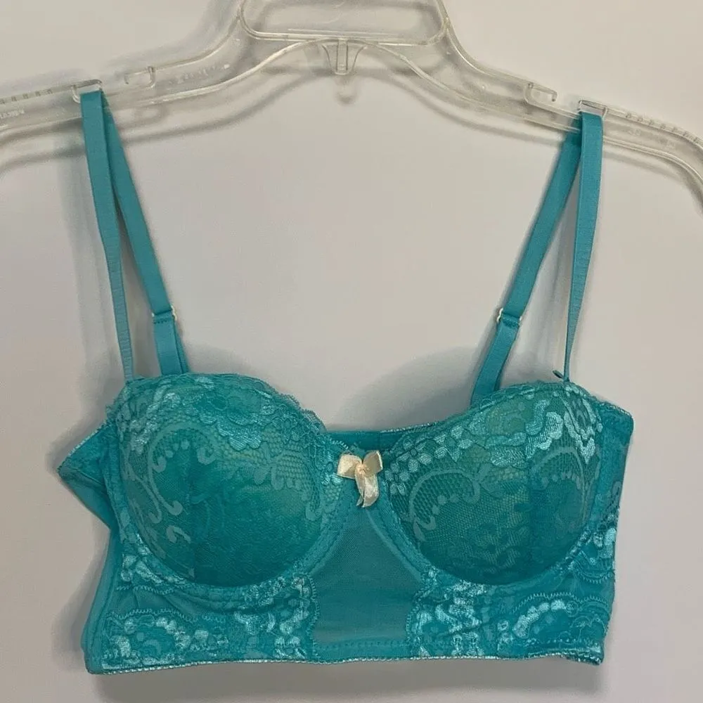 Black Fuschia By Secret Lace Allover Lave Longline Bra Teal Size 34B Blue - Image 1