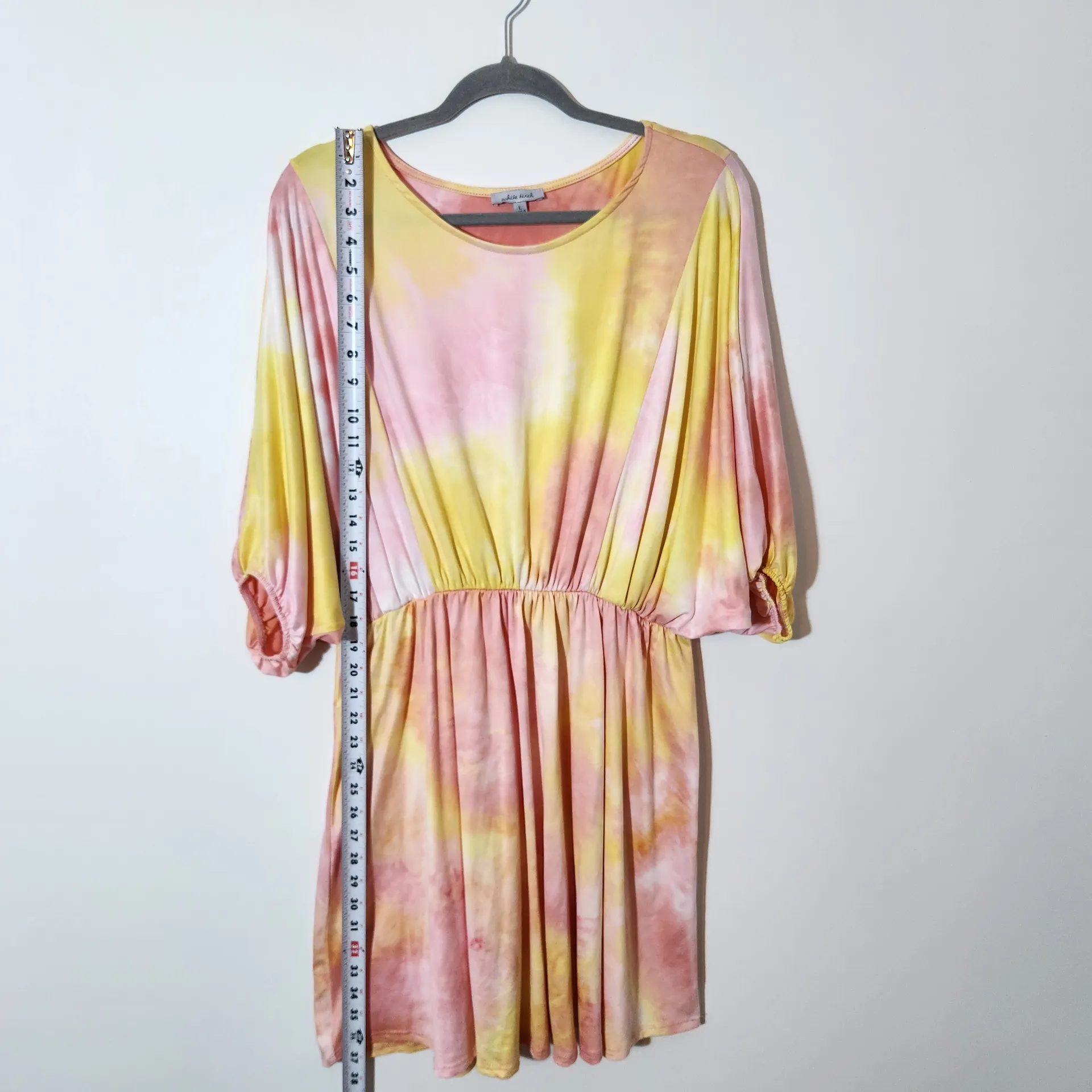 White Birch Boho Mini Dress Size Large Yellow and Pink Dyed Look Dress - Image 6