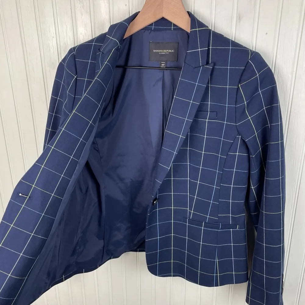 Banana Republic Navy Blue Plaid Classic Fit Blazer Cotton Women's Size 4 Petite - Image 5