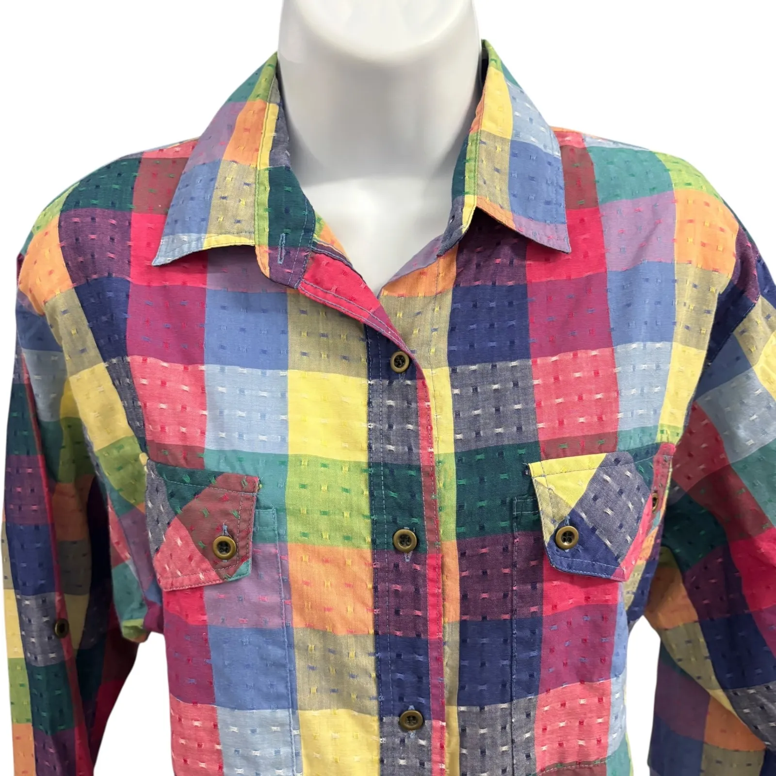 Koret City Blues Multicolor Plaid Long Sleeve‎ Shirt Medium Patchwork Cotton - Image 3