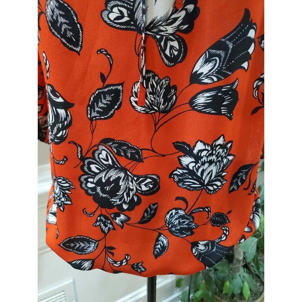 Vince Camuto Womens Red Floral Round Neck Drawstring Long Sleeve Top Blouse S - Image 3