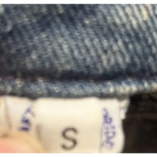 Vintage 80s Cropped Denim Jacket Studded Rhinestone Buttons USA Made Opal Size S Blue - Image 13