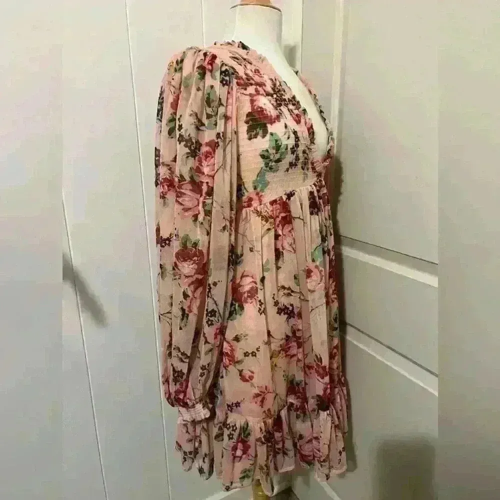 By Timo Pink Floral Long Sleeve Mini Dress Small Made in India Coquette Fairy - Image 4