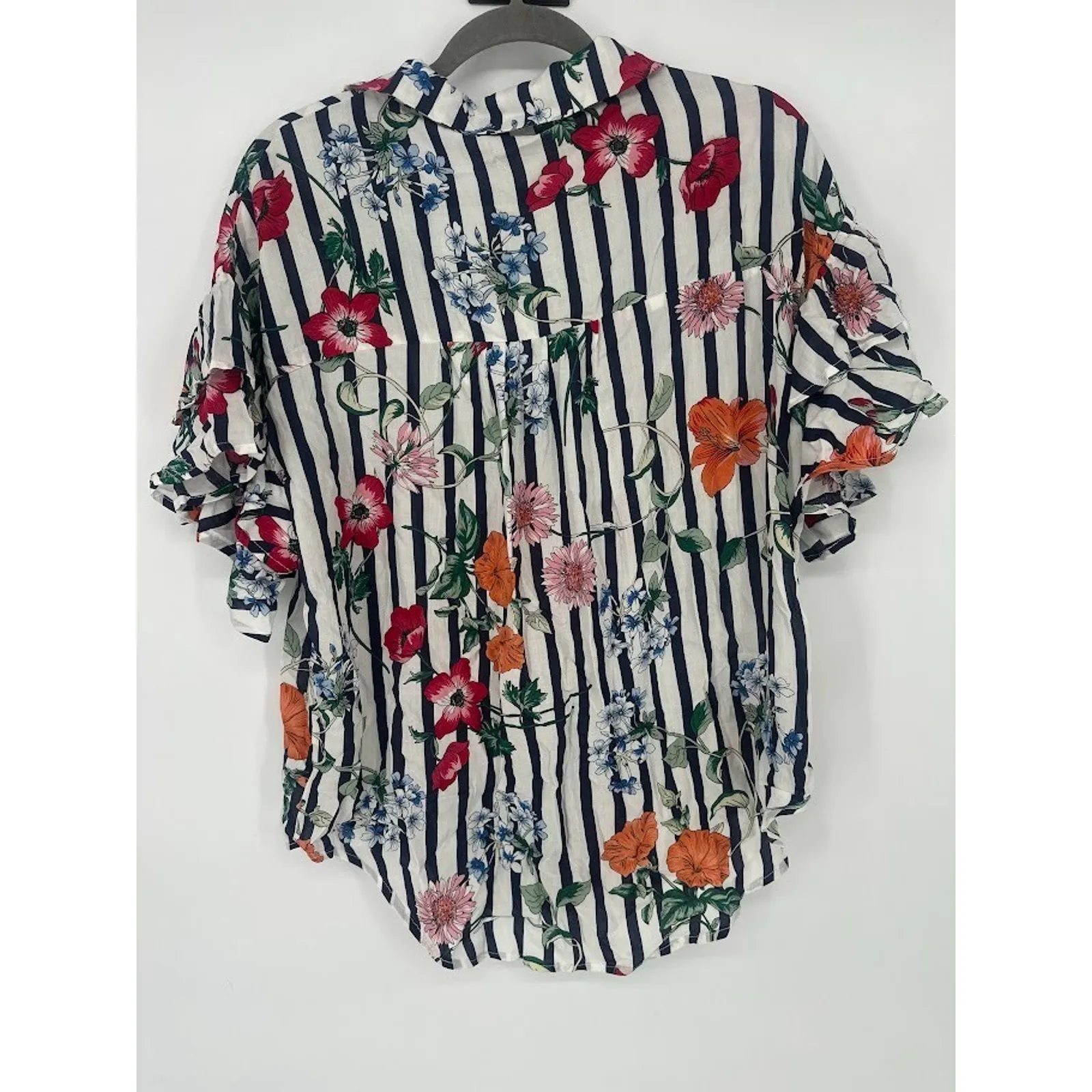 UMGEE Blouse Top Womens Small Striped Floral Ruffle Sleeve Button Cottagecore - Image 4