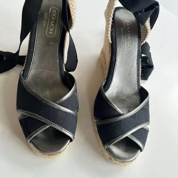 Coach Espadrille Tie Up Wedge Sandals Womens Size 7B Black Sig 12CM MILA‎ Rope - Image 3