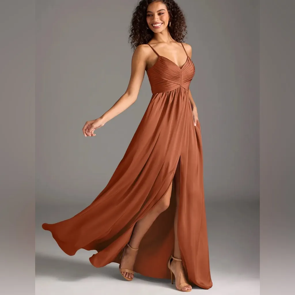 Azazie Alia bridesmaid gown NWT A6 Cedar Rose A-line Pleated Stretch Satin Dress - Image 2