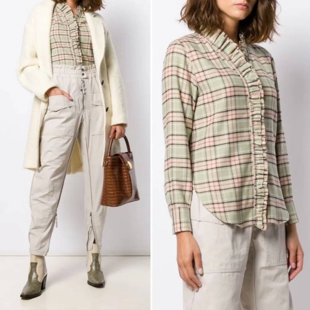Isabel  Marant Étoile Awendy Green Plaid Ruffle Button Down Flannel Shirt RARE - Image 3
